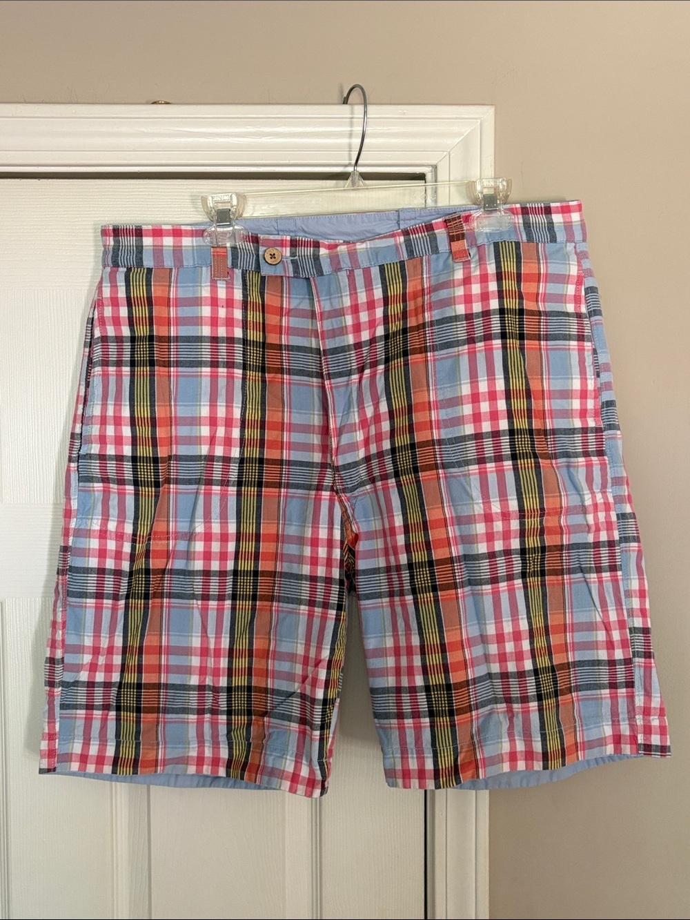 Men's Multicolor Plaid Flat Front Shorts - Pink & Blue